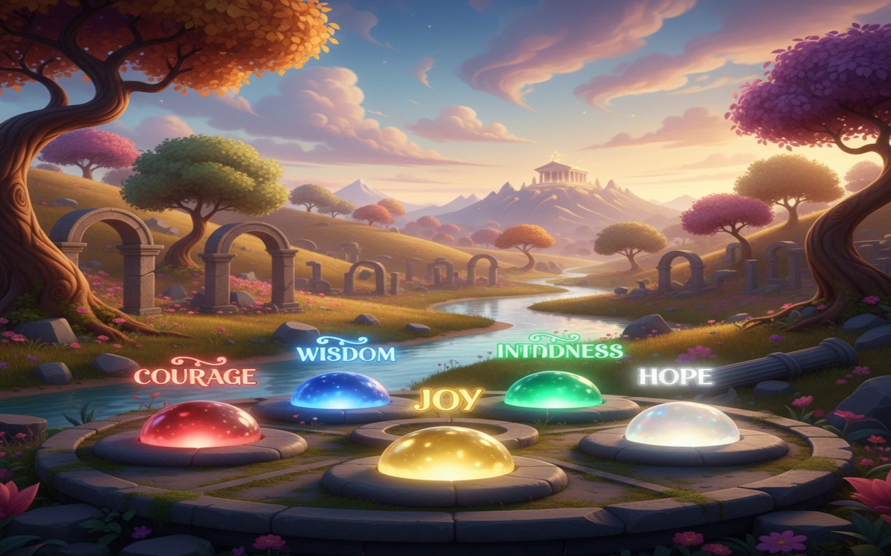 six glowing engraved stones labeled with virtues in the UI