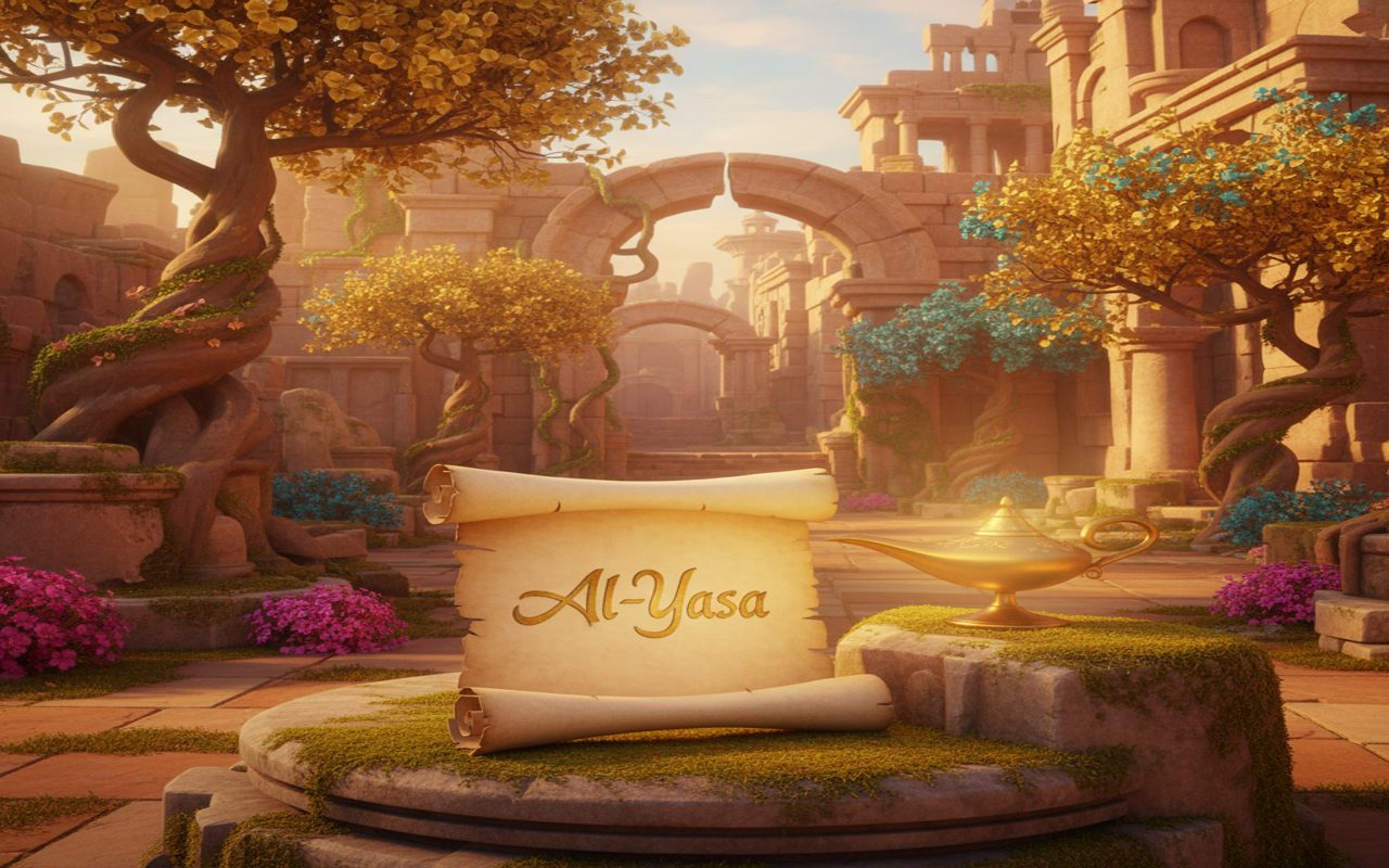 open scroll with the name Al-Yasa and a soft lamp beside it