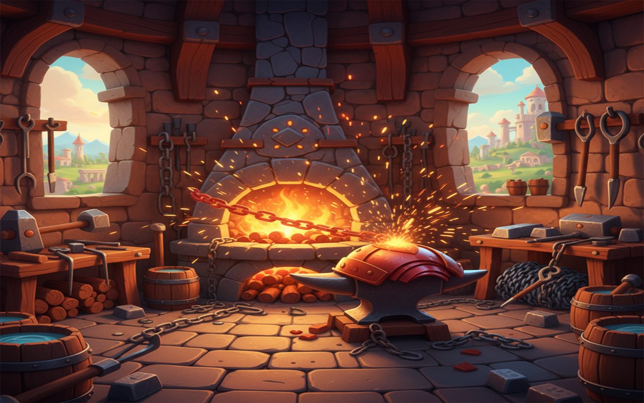 glowing forge with iron links being shaped into armor