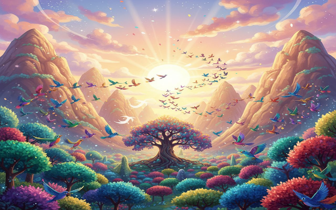 mountain valley filled with birds at sunrise