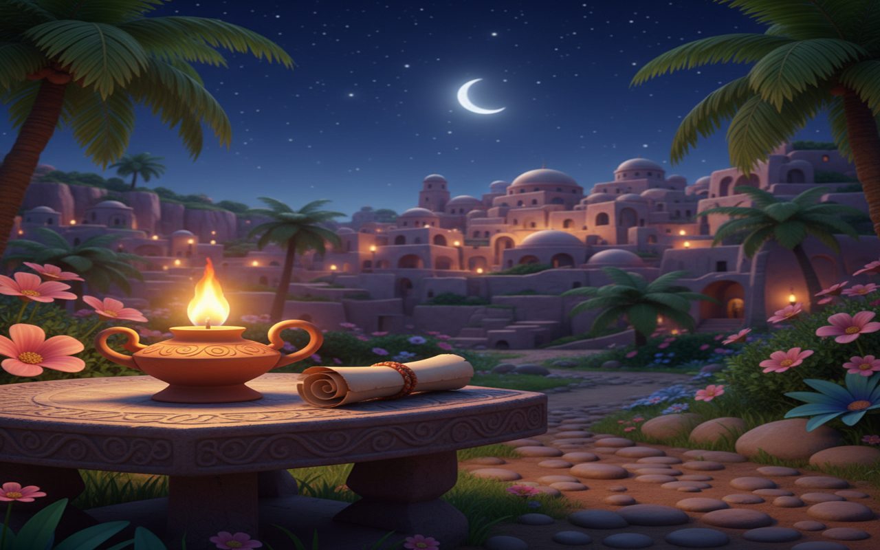 clay lamp burning steadily through the night beside a closed scroll.