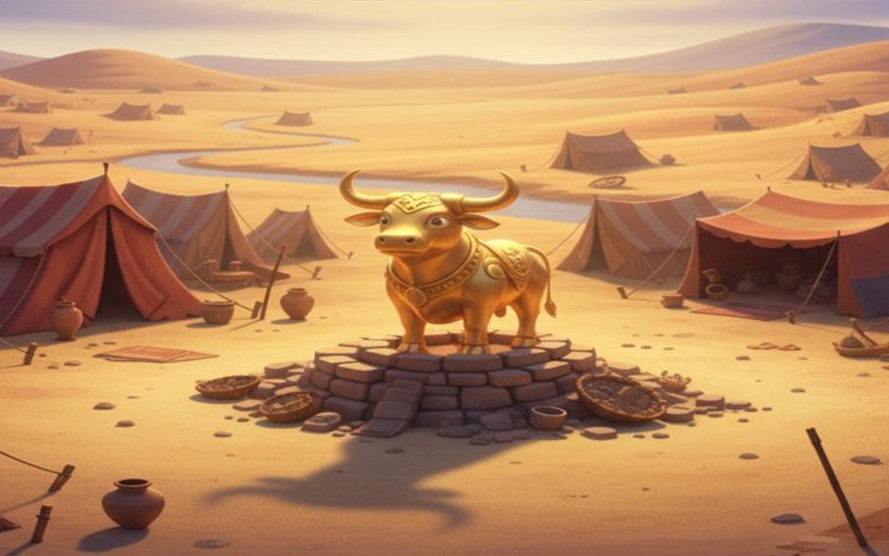 golden calf statue in a camp surrounded by abandoned tents and concerned atmosphere