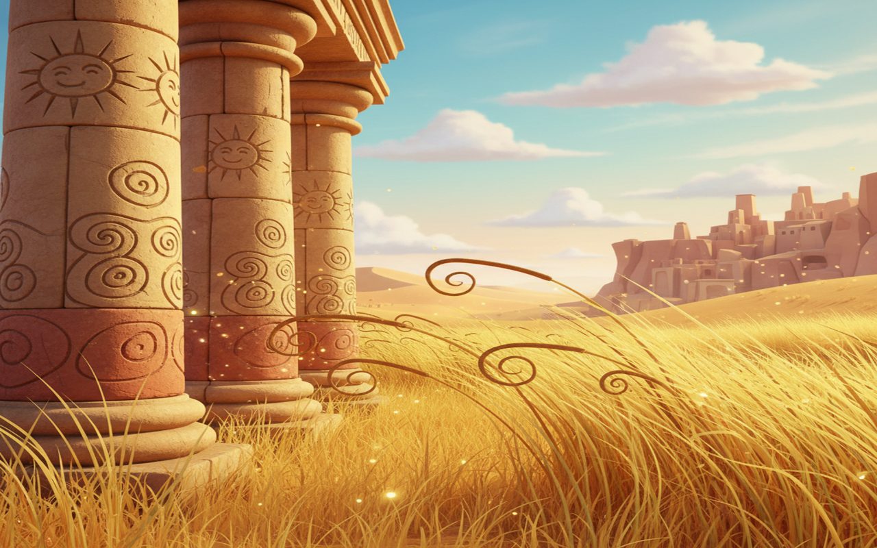 close-up of impressive stone columns beside dry desert grass bending in rising wind.