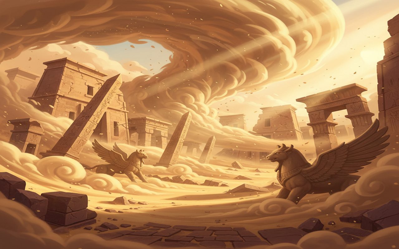 powerful sand-filled windstorm crossing abandoned structures