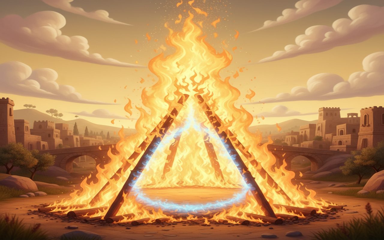 enormous fire turning visually calm and cool at its center through soft blue-gold light
