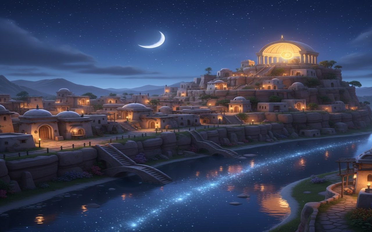 star-filled ancient night sky above a peaceful settlement