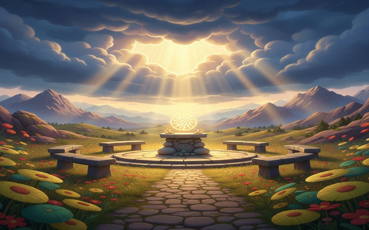 storm clouds clearing over mountains as sunlight illuminates a simple prayer space without human figures.