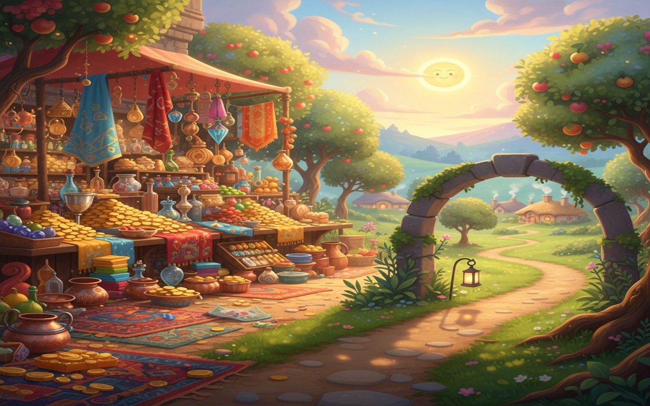 ancient market full of distracting shiny goods versus a quiet path leading home