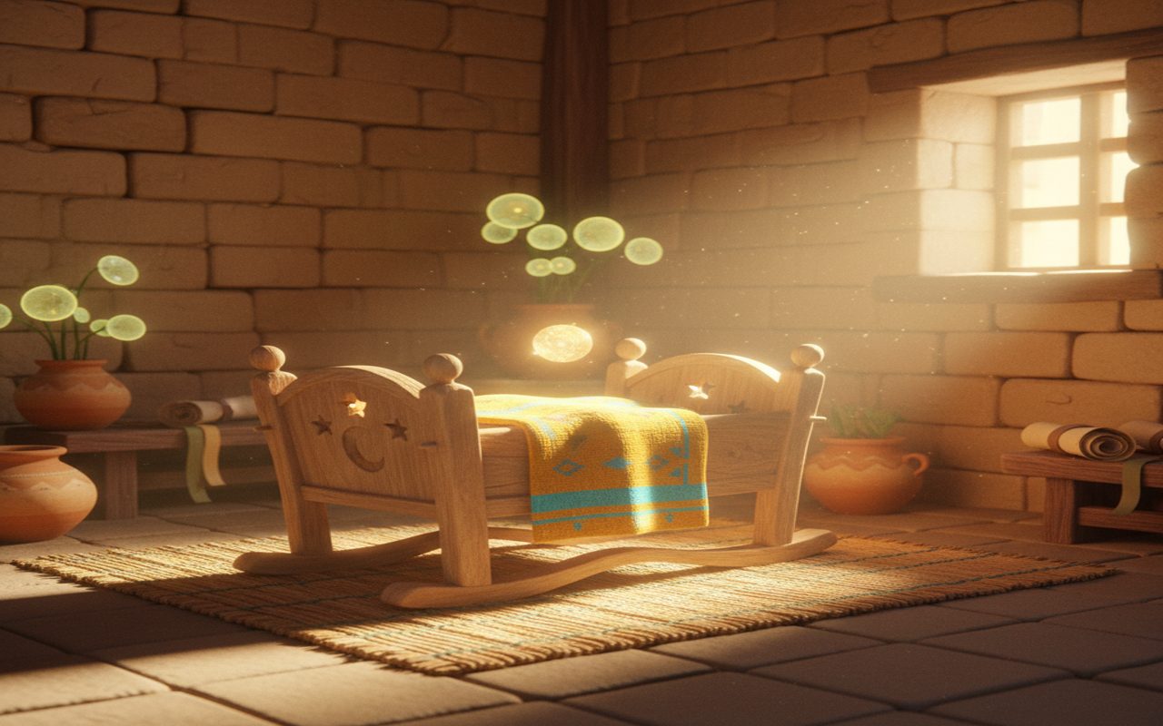 cradle in a simple ancient room with warm light