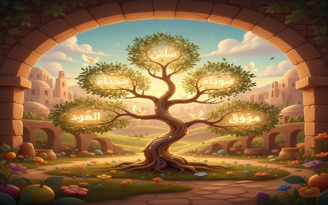 glowing family-tree illustration made of olive branches with names Ibrahim → Ishaq → Yaqub
