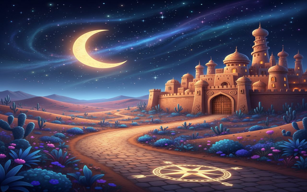 nighttime road leaving the city toward open desert under stars