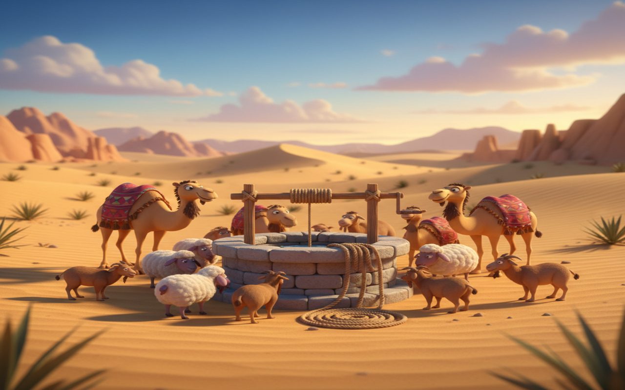 desert well in Madyan with livestock and ropes