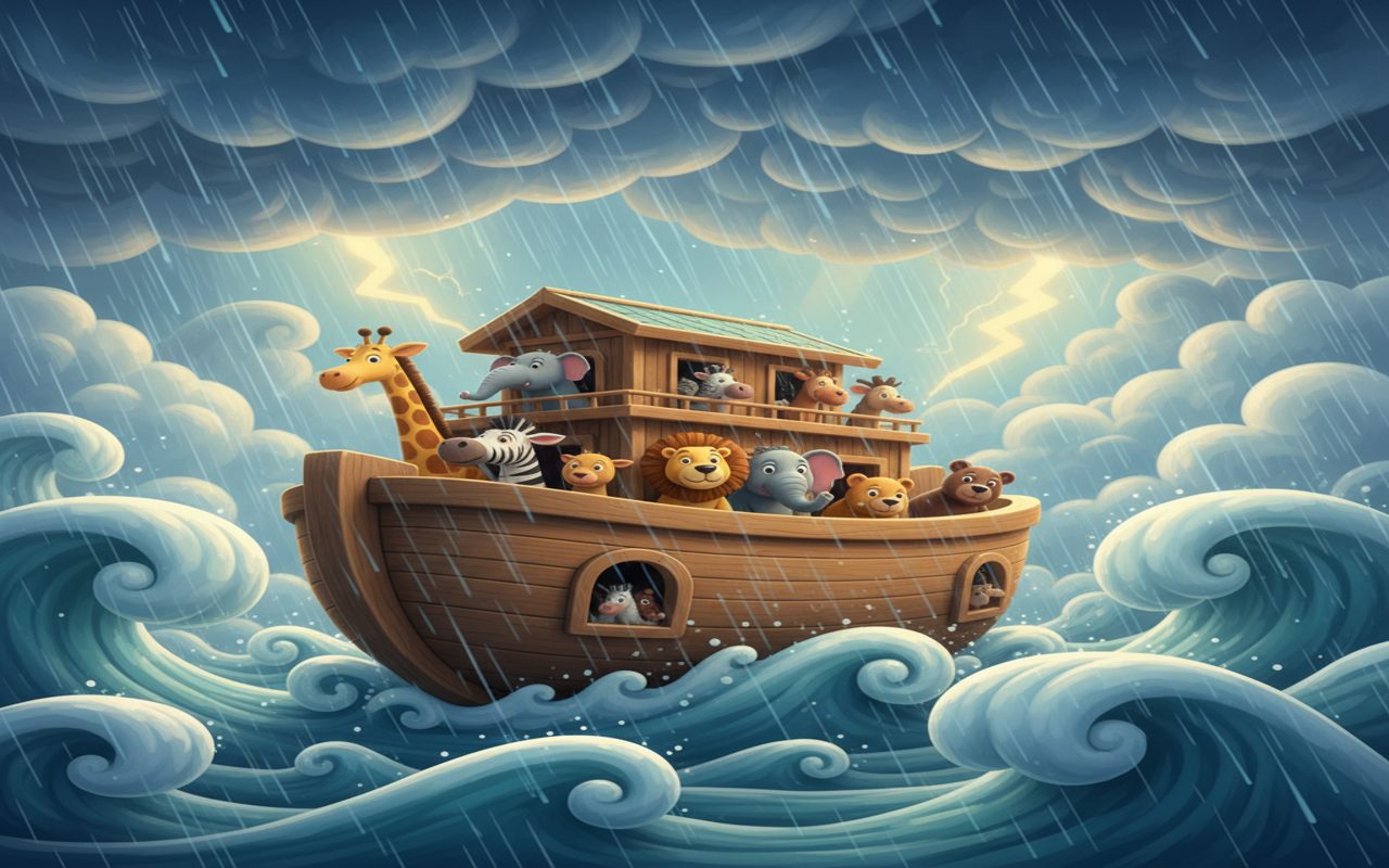 powerful rain and rolling waves around the ark