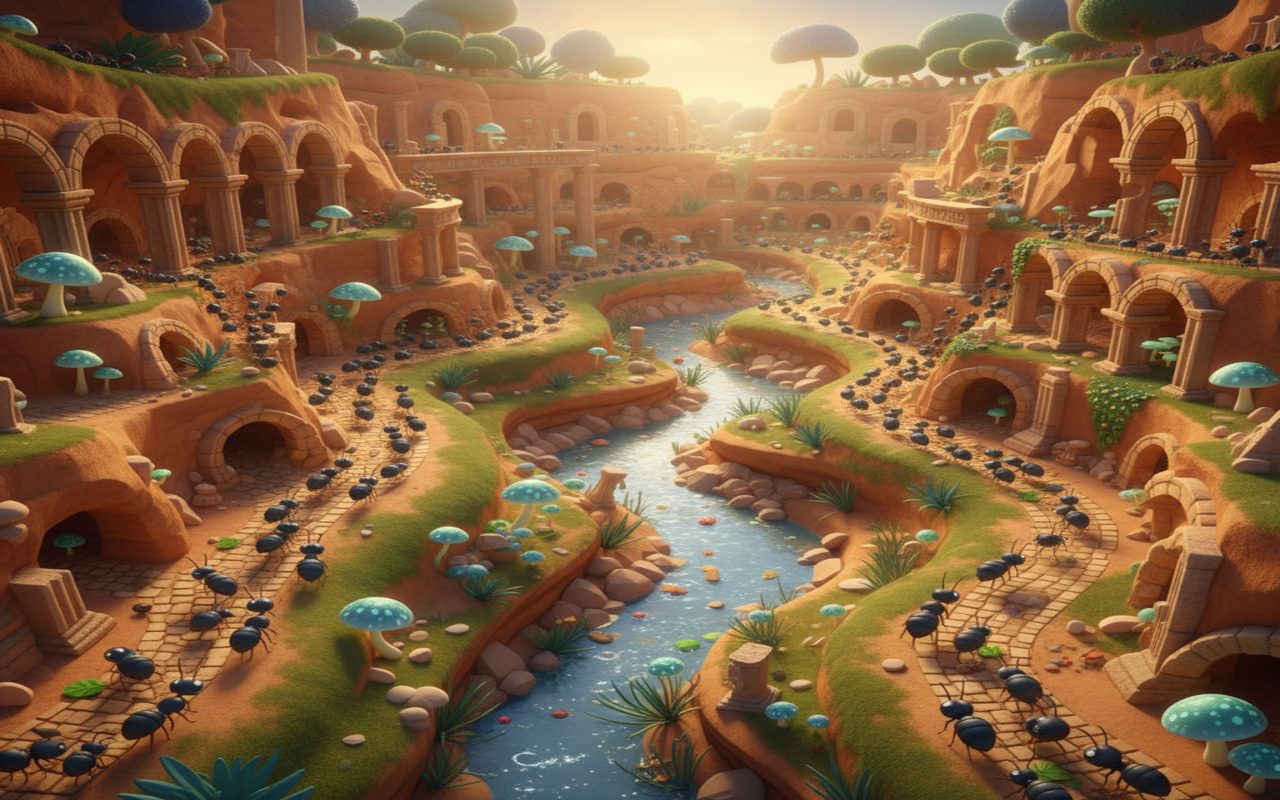 macro-style 3D ant valley with tiny tunnels and marching ants