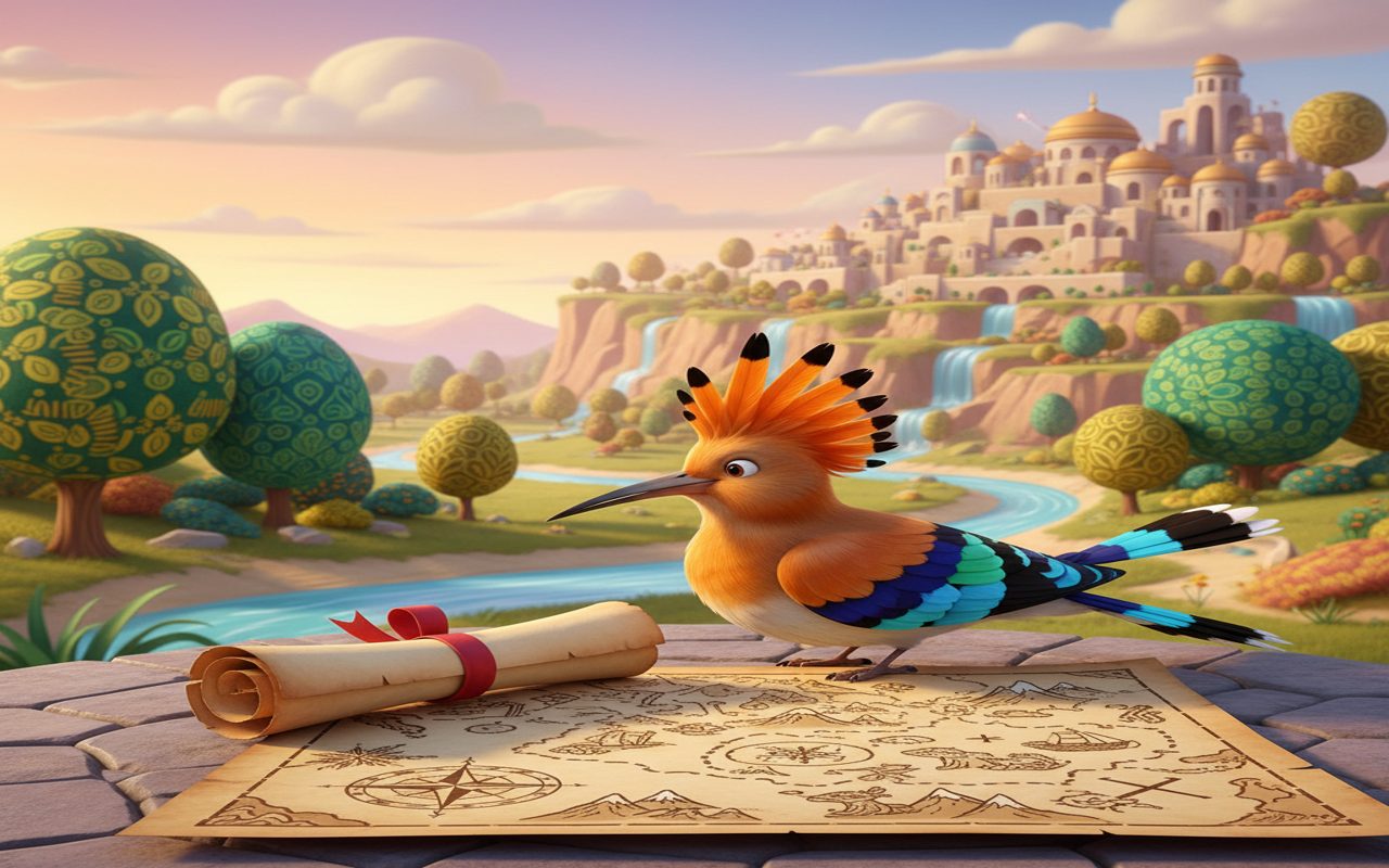 colorful hoopoe bird arriving with a message scroll beside an ancient map.