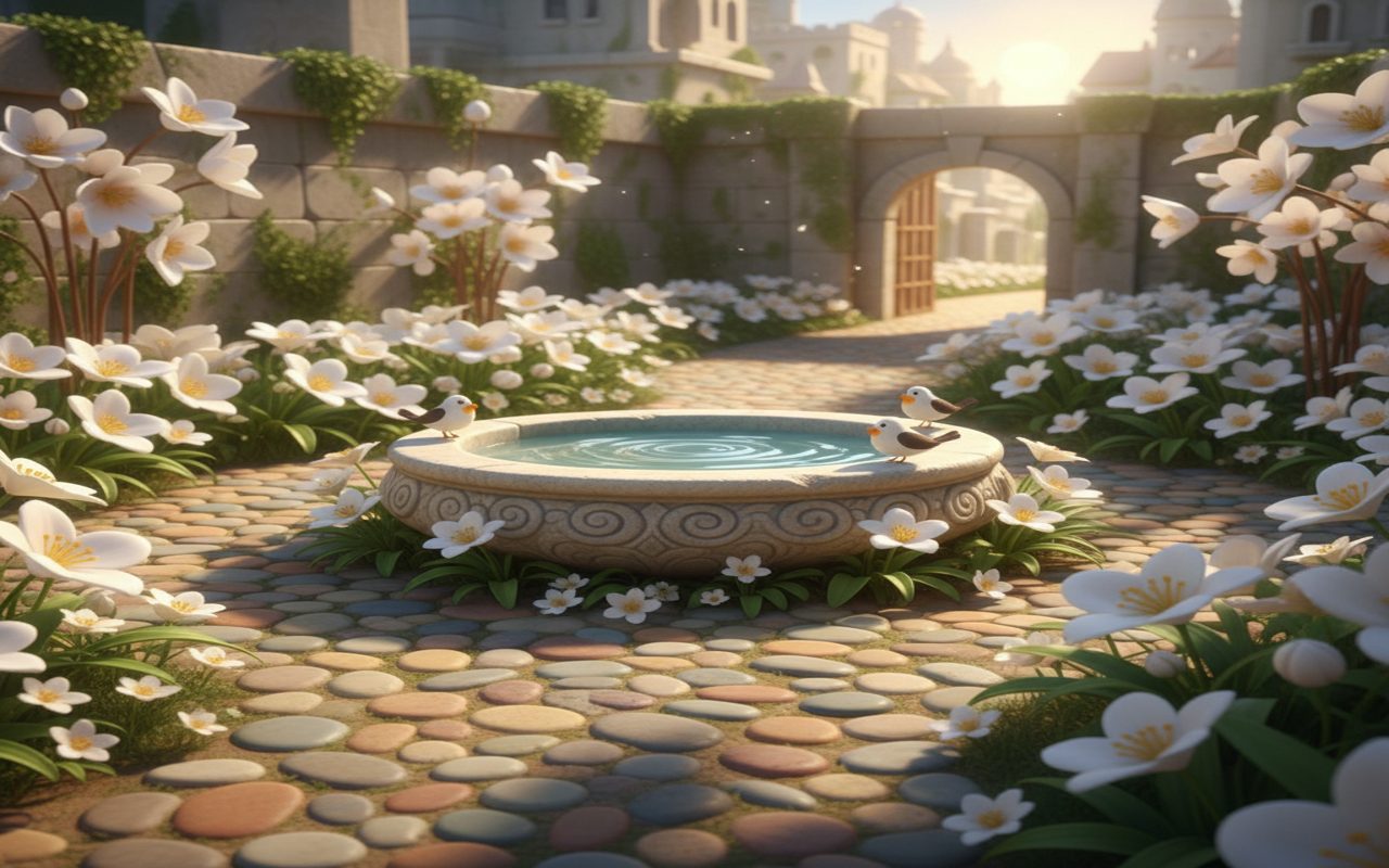 small garden path with a water basin and white flowers symbolizing purity and gentleness.