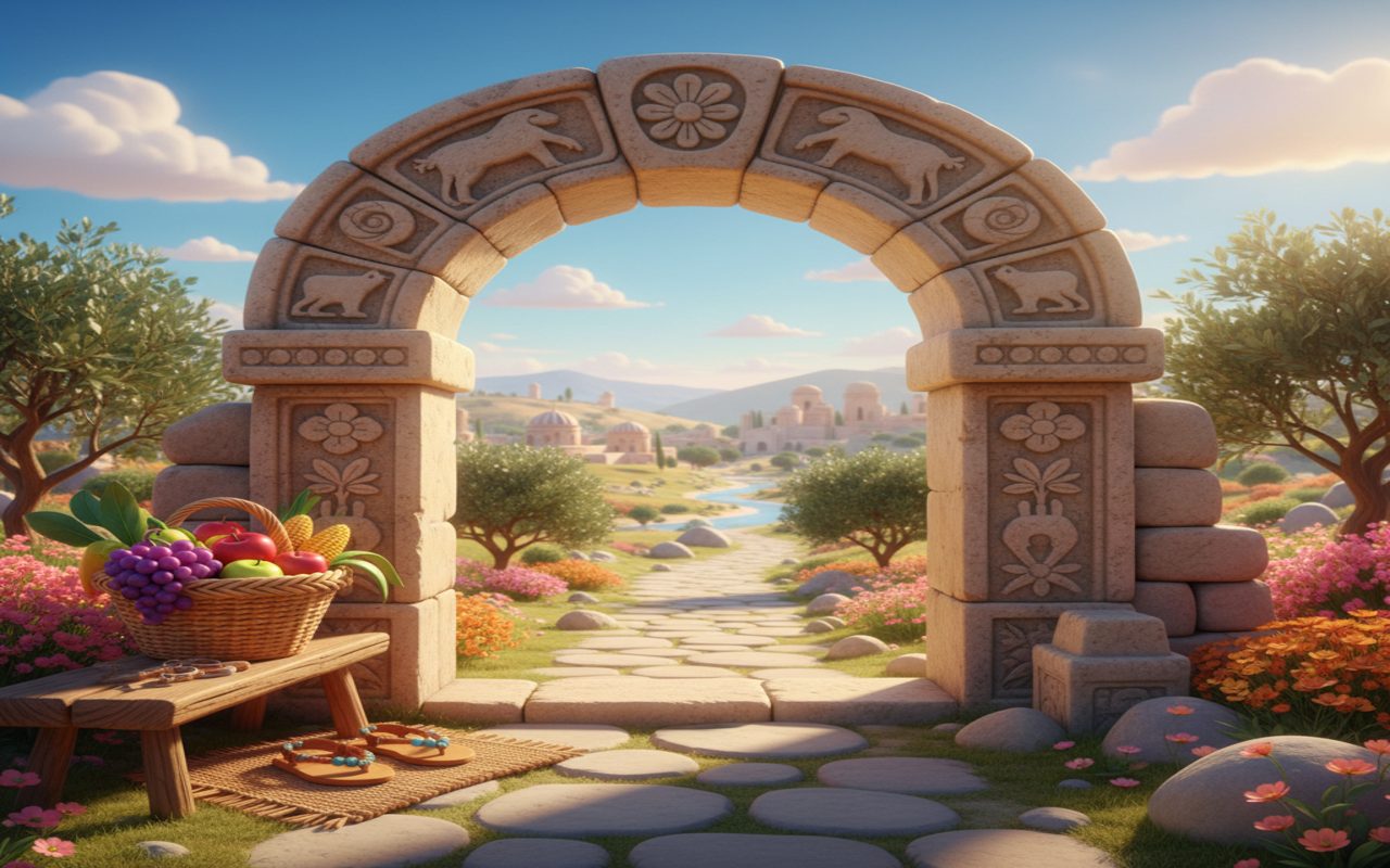 family home doorway with a basket of groceries and sandals