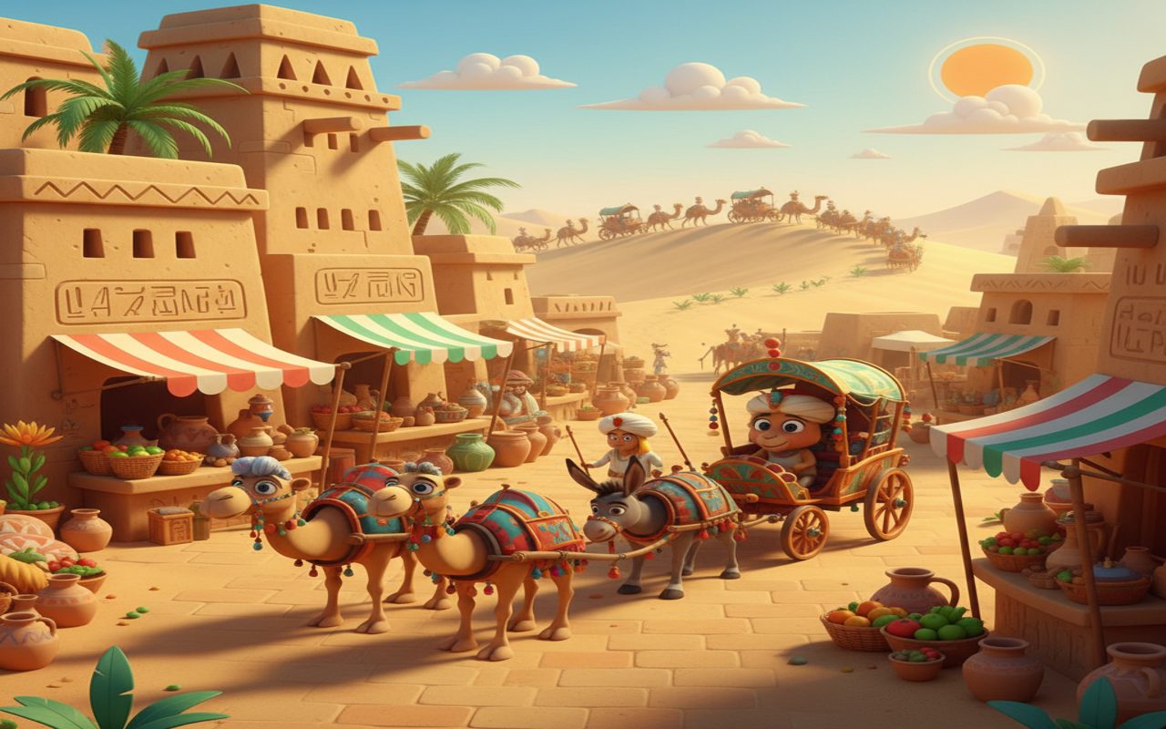 Egyptian-style ancient market and caravan scene