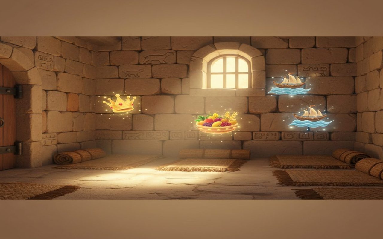 prison chamber with light entering through a high window and dream symbols floating above sleeping mats.