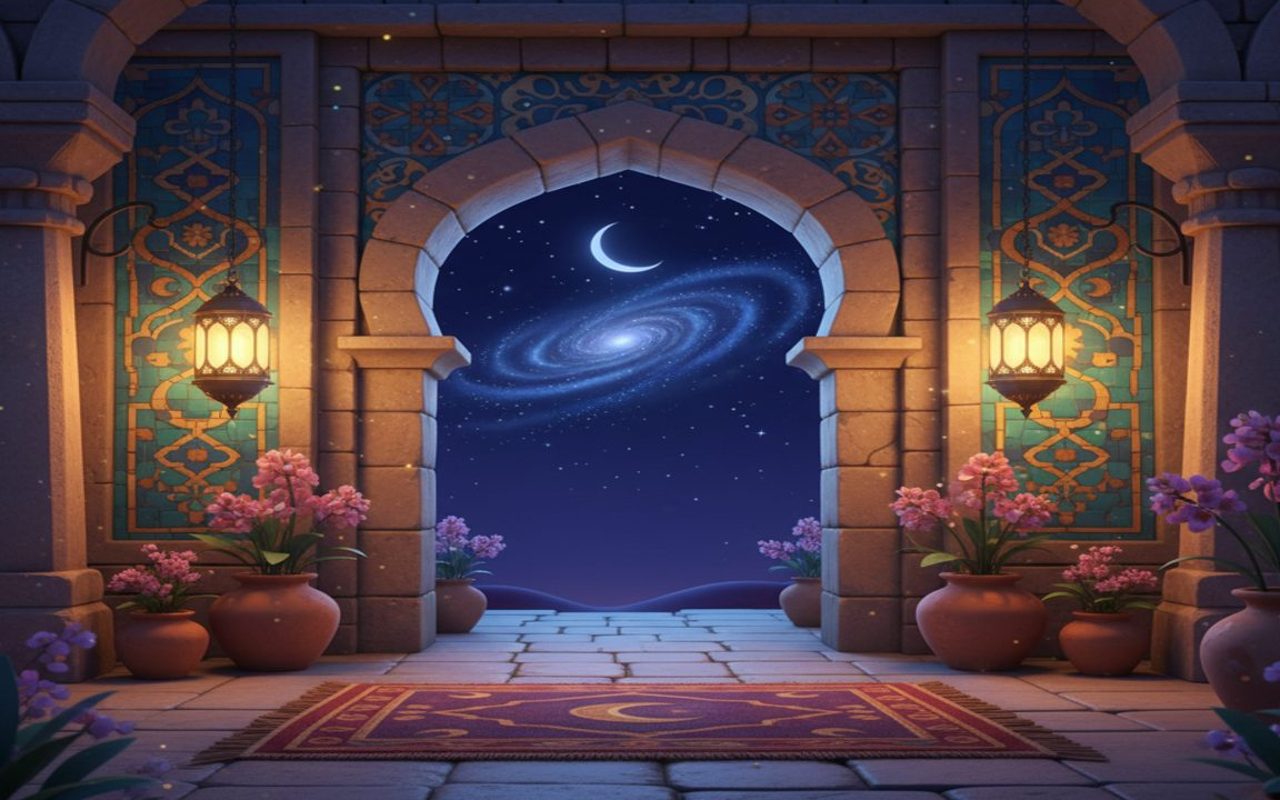 quiet nighttime prayer space with stars visible through an arch