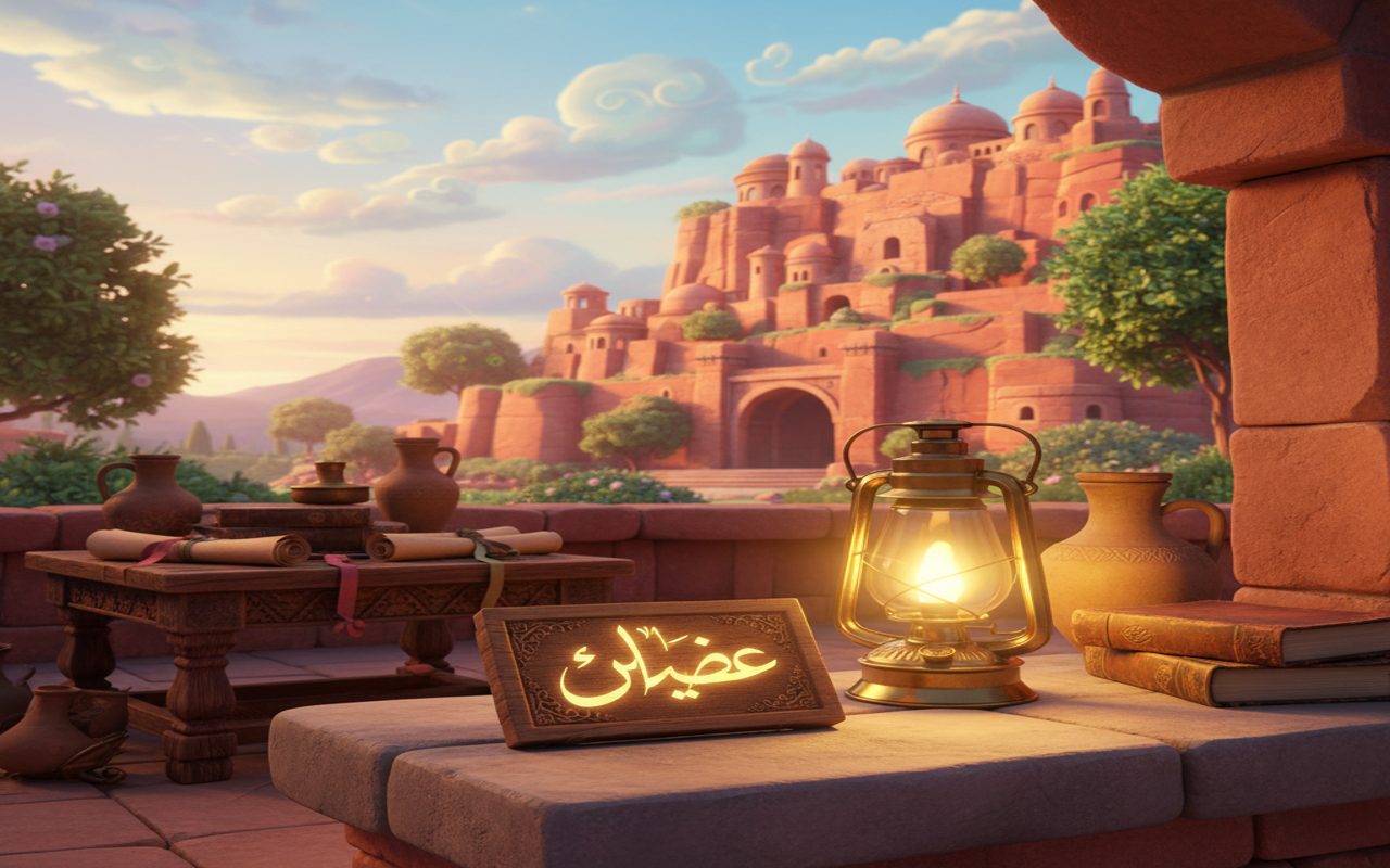 small wooden tablet with the name Yahya written in elegant calligraphy beside a glowing lamp.